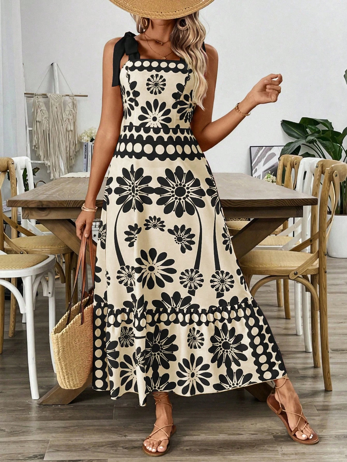 Breezaya Vestido Longo com Estampa Floral, Amarração no Ombro, Cintura com Alças, Vestido Casual de Férias, Roupas de Praia para Mulheres
