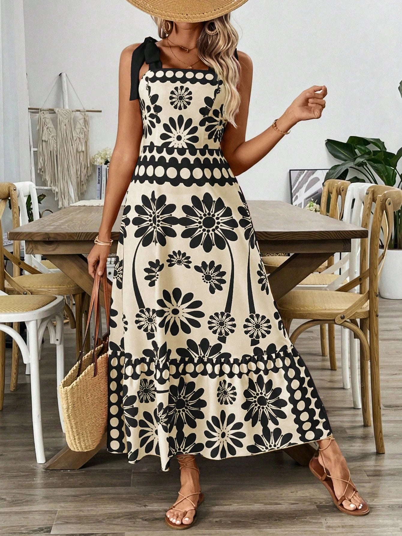 Breezaya Vestido Longo com Estampa Floral, Amarração no Ombro, Cintura com Alças, Vestido Casual de Férias, Roupas de Praia para Mulheres