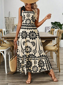 Breezaya Vestido Longo com Estampa Floral, Amarração no Ombro, Cintura com Alças, Vestido Casual de Férias, Roupas de Praia para Mulheres