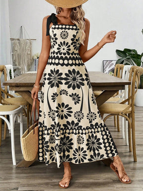 Breezaya Vestido Longo com Estampa Floral, Amarração no Ombro, Cintura com Alças, Vestido Casual de Férias, Roupas de Praia para Mulheres