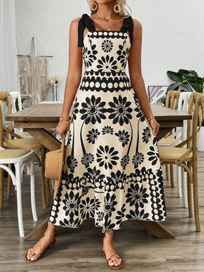 Breezaya Vestido Longo com Estampa Floral, Amarração no Ombro, Cintura com Alças, Vestido Casual de Férias, Roupas de Praia para Mulheres