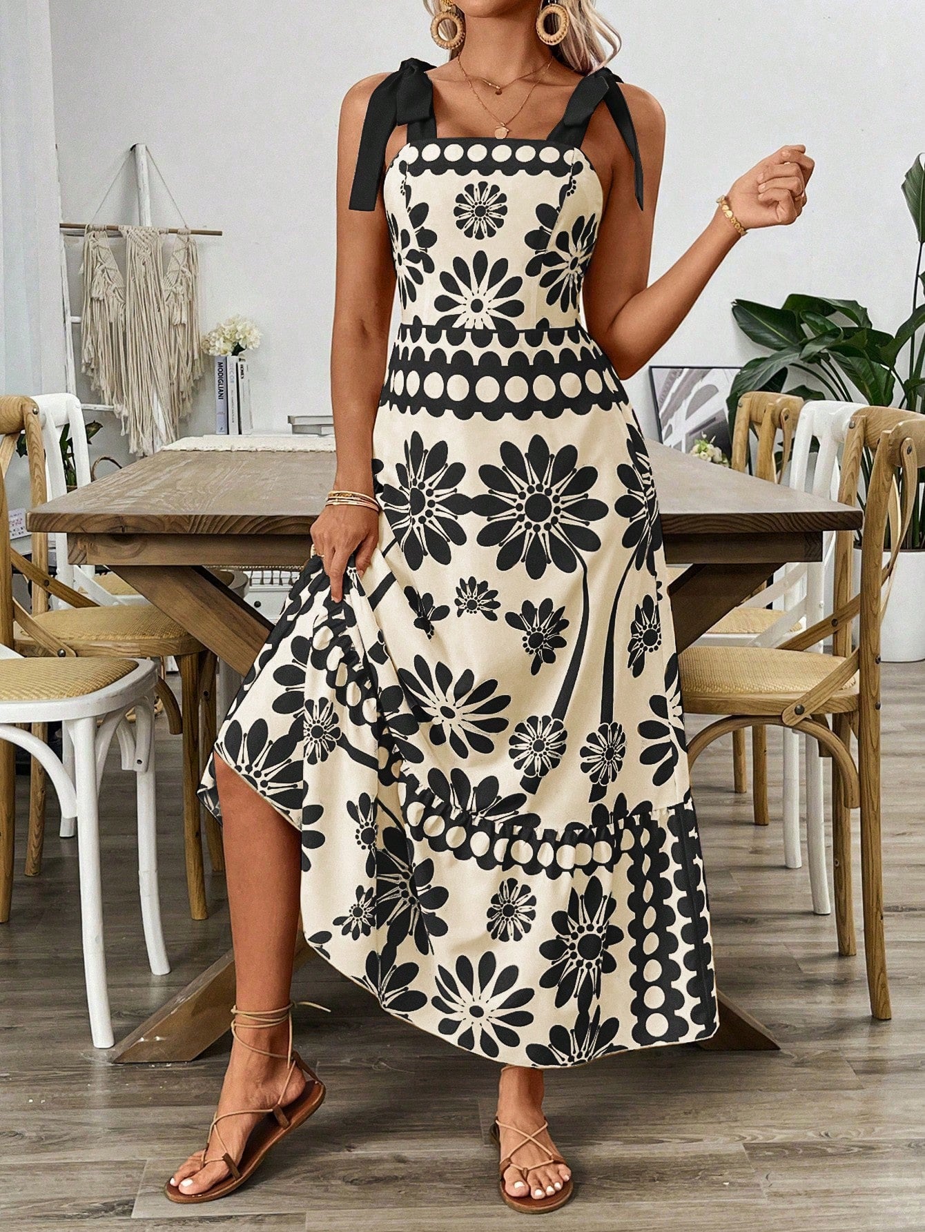 Breezaya Vestido Longo com Estampa Floral, Amarração no Ombro, Cintura com Alças, Vestido Casual de Férias, Roupas de Praia para Mulheres