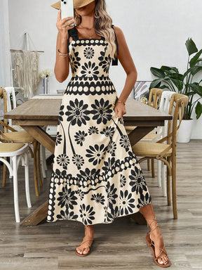 Breezaya Vestido Longo com Estampa Floral, Amarração no Ombro, Cintura com Alças, Vestido Casual de Férias, Roupas de Praia para Mulheres