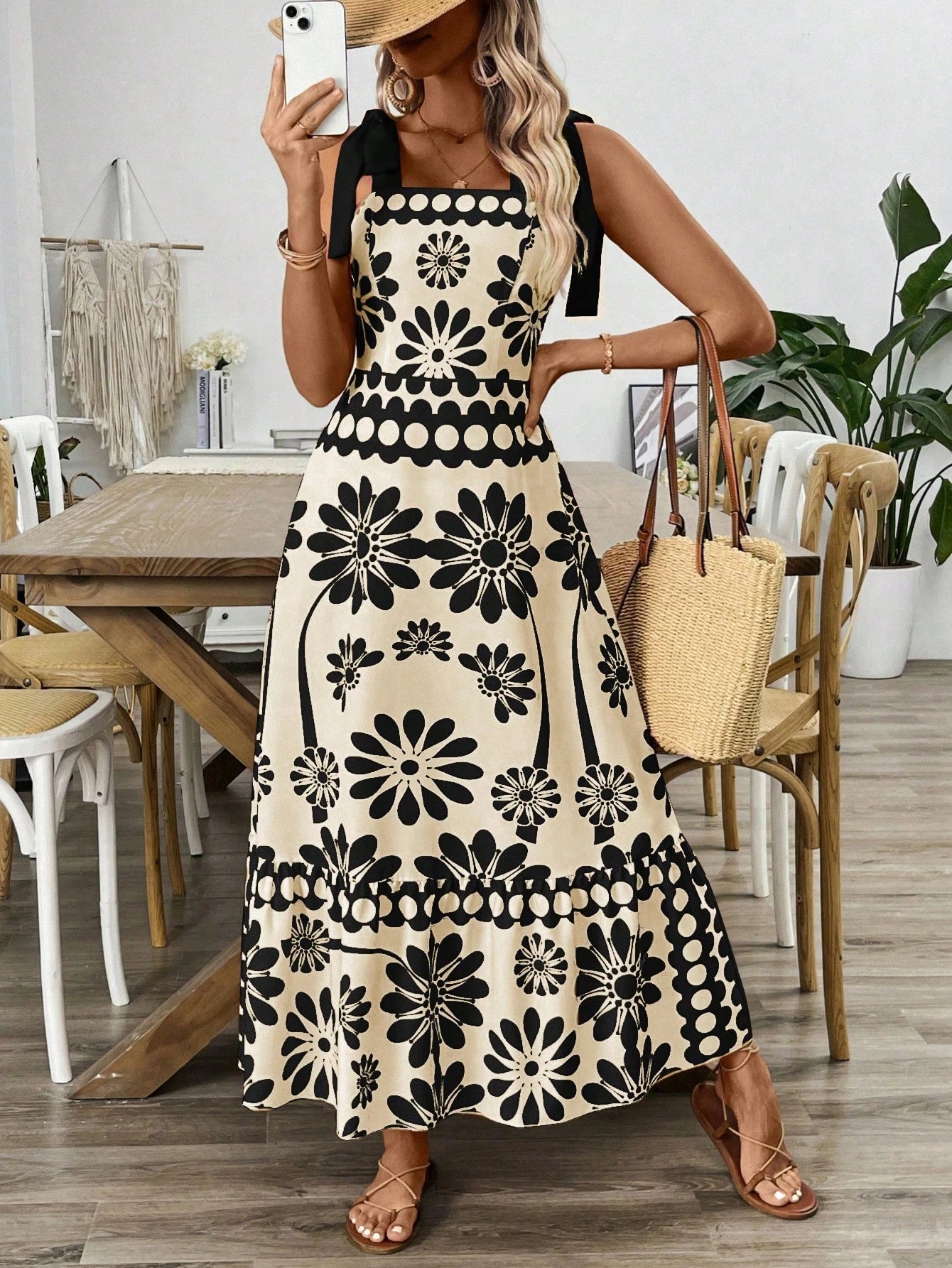 Breezaya Vestido Longo com Estampa Floral, Amarração no Ombro, Cintura com Alças, Vestido Casual de Férias, Roupas de Praia para Mulheres