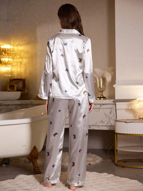 LuxeNights Conjunto de Pijama com Gola Longa e Mangas Longas em Seda Falsa com Estampa Colorida de Borboleta