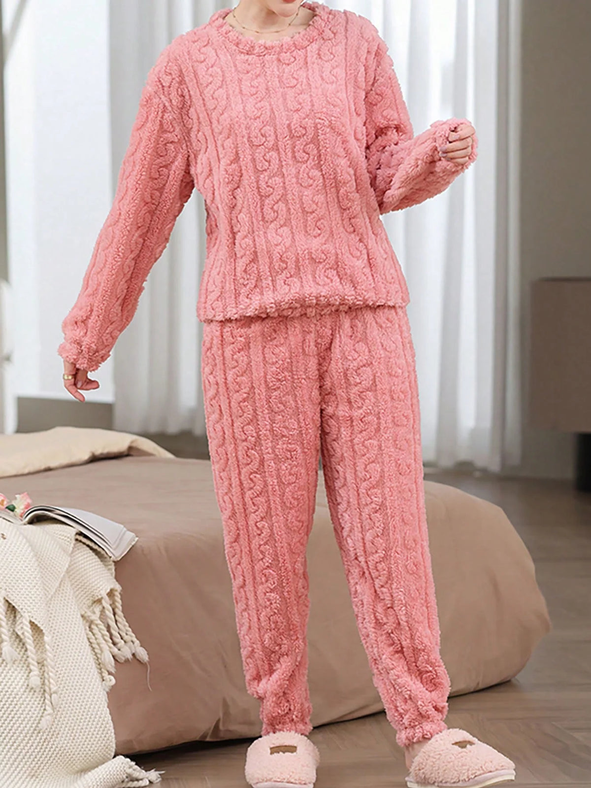 2 Peças/Conjunto Pijama de Fleece de Coral, Sleepwear de Inverno Quente e Confortável, Roupa de Estar Em Casa Macia e Felpuda, Conjunto de Duas Peças