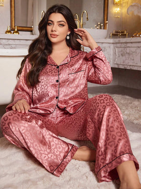 LuxeNights Conjunto de Pijama com Cardigan Lapela de Jacquard de Falso Seda Estampa Onça Plus Size