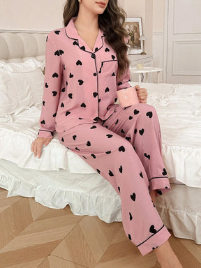Conjunto de Pijama Feminino com Gola de Recorte Contrastante, Aberta na Frente, Formato de Coração e Franzido
