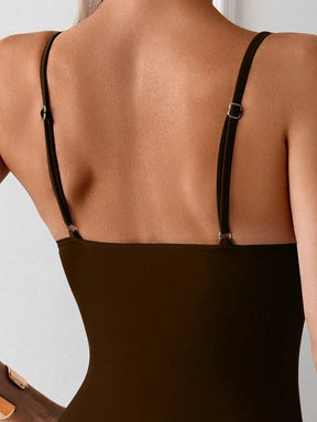 SHEIN Swim Maiô de uma peça para mulher com cor sólida e franzido, com alça de ombro ajustável, perfeito para praia e férias, verão na praia.