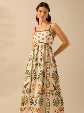 CAJUNI Vestido de Verão Casual Feminino com Estampa de Selenipédio e Azálea, de Tiras Finas e Costas Abertas, Elegante e Gracioso