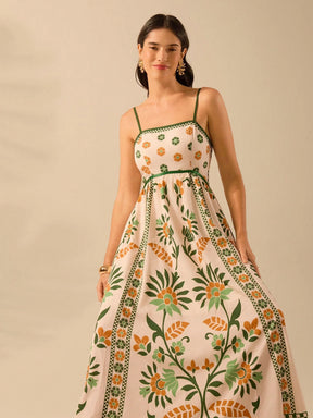 CAJUNI Vestido de Verão Casual Feminino com Estampa de Selenipédio e Azálea, de Tiras Finas e Costas Abertas, Elegante e Gracioso