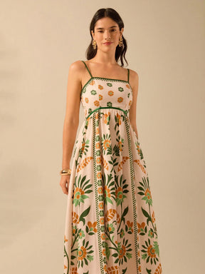 CAJUNI Vestido de Verão Casual Feminino com Estampa de Selenipédio e Azálea, de Tiras Finas e Costas Abertas, Elegante e Gracioso