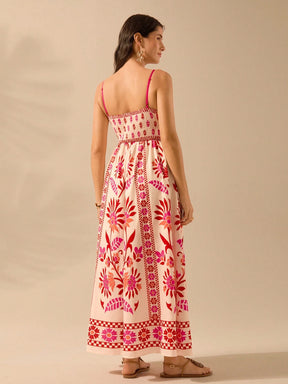 CAJUNI Vestido de Verão Casual Feminino com Estampa de Selenipédio e Azálea, de Tiras Finas e Costas Abertas, Elegante e Gracioso