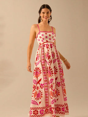 CAJUNI Vestido de Verão Casual Feminino com Estampa de Selenipédio e Azálea, de Tiras Finas e Costas Abertas, Elegante e Gracioso