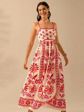 CAJUNI Vestido de Verão Casual Feminino com Estampa de Selenipédio e Azálea, de Tiras Finas e Costas Abertas, Elegante e Gracioso