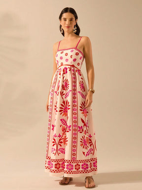 CAJUNI Vestido de Verão Casual Feminino com Estampa de Selenipédio e Azálea, de Tiras Finas e Costas Abertas, Elegante e Gracioso