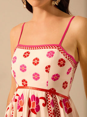 CAJUNI Vestido de Verão Casual Feminino com Estampa de Selenipédio e Azálea, de Tiras Finas e Costas Abertas, Elegante e Gracioso