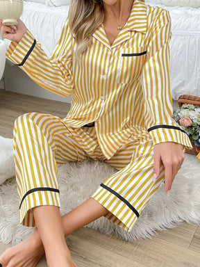 CoupledUp Conjunto de Pijama/Pijama de Cetim com Botões e Listras