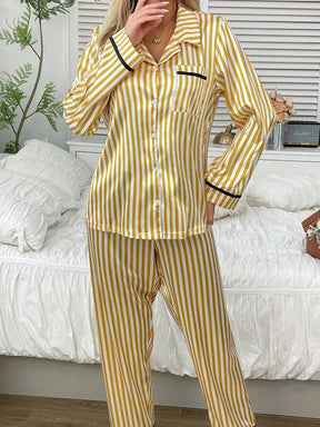 CoupledUp Conjunto de Pijama/Pijama de Cetim com Botões e Listras