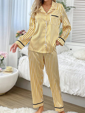 CoupledUp Conjunto de Pijama/Pijama de Cetim com Botões e Listras