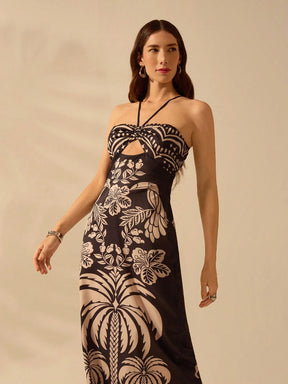 CAJUNI Vestido casual de verão com decote com laço, fenda e estampa boêmia tropical de pássaros, palmeiras e flores, para férias