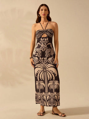 CAJUNI Vestido casual de verão com decote com laço, fenda e estampa boêmia tropical de pássaros, palmeiras e flores, para férias