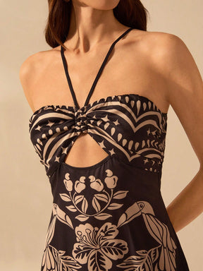 CAJUNI Vestido casual de verão com decote com laço, fenda e estampa boêmia tropical de pássaros, palmeiras e flores, para férias