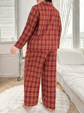 Conjunto de Pijama com Cardigan de Gola Xadrez de Plus Size, Manga Longa e Calça Longa