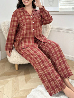 Conjunto de Pijama com Cardigan de Gola Xadrez de Plus Size, Manga Longa e Calça Longa