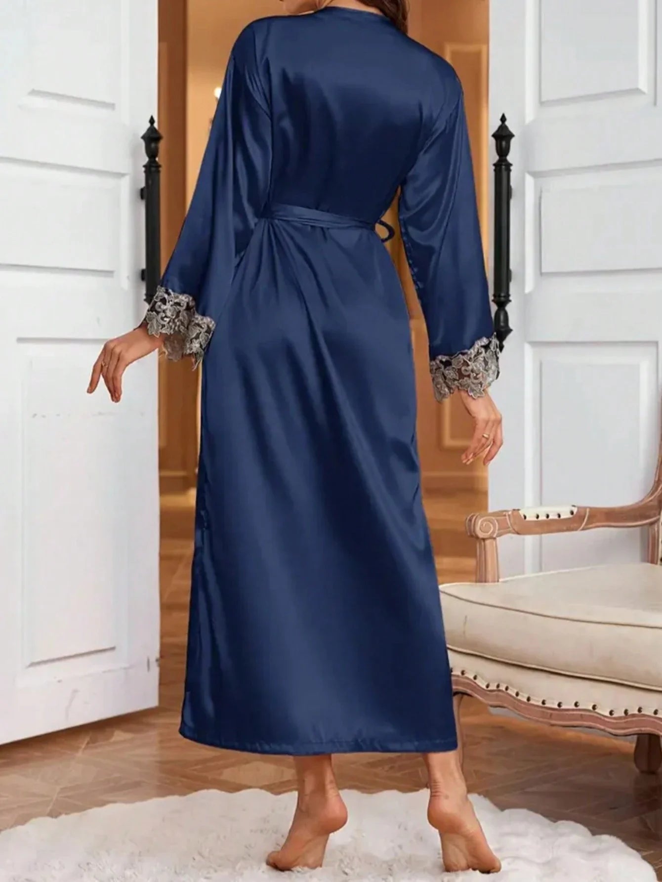 QING ROU 1 Peça Roupão de Cetim Elegante Azul, Detalhe de Renda Macia, Seda Macia, Decote em V Sexy, Cor Sólida, Leve, Adequado para Uso Doméstico e Roupão de Banho, para Todas as Estações, com Cinto, para Mulheres