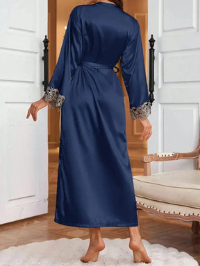 QING ROU 1 Peça Roupão de Cetim Elegante Azul, Detalhe de Renda Macia, Seda Macia, Decote em V Sexy, Cor Sólida, Leve, Adequado para Uso Doméstico e Roupão de Banho, para Todas as Estações, com Cinto, para Mulheres