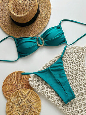 SHEIN Swim Conjunto de Maiô Bikini Feminino Strapless de Verão Solid Color com Amarração e Decoração Metálica, Sexy