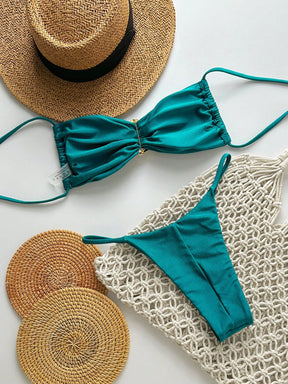 SHEIN Swim Conjunto de Maiô Bikini Feminino Strapless de Verão Solid Color com Amarração e Decoração Metálica, Sexy