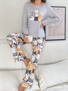 Conjunto de Pijama Feminino com Estampa Fofa de Gato
