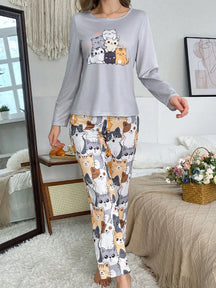 Conjunto de Pijama Feminino com Estampa Fofa de Gato