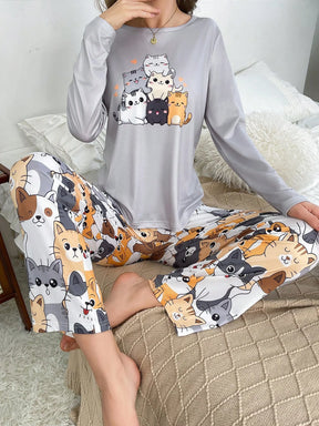 Conjunto de Pijama Feminino com Estampa Fofa de Gato