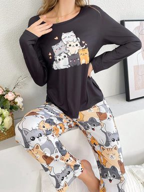 Conjunto de Pijama Feminino com Estampa Fofa de Gato