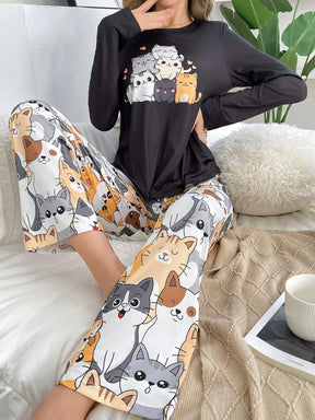 Conjunto de Pijama Feminino com Estampa Fofa de Gato