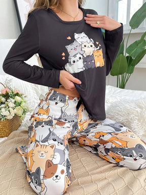 Conjunto de Pijama Feminino com Estampa Fofa de Gato