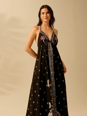 CAJUNI Vestido de Verão Casual para Praia, Estampa Tropical Boho de Flores e Árvore de Coco, Alças Finas com Cadarço, Mulheres