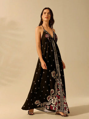 CAJUNI Vestido de Verão Casual para Praia, Estampa Tropical Boho de Flores e Árvore de Coco, Alças Finas com Cadarço, Mulheres