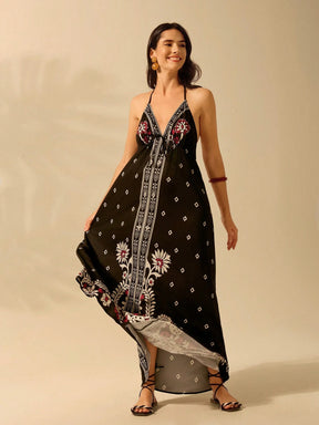CAJUNI Vestido de Verão Casual para Praia, Estampa Tropical Boho de Flores e Árvore de Coco, Alças Finas com Cadarço, Mulheres