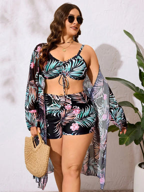 Swim Lushoire Conjunto de Maiô Bikini Plus Size com Lacinho e Estampa Floral e de Folhas para Mulheres no Verão