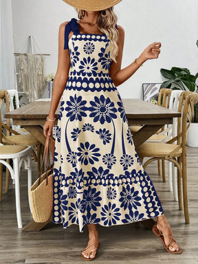 Breezaya Vestido Longo com Estampa Floral, Amarração no Ombro, Cintura com Alças, Vestido Casual de Férias, Roupas de Praia para Mulheres