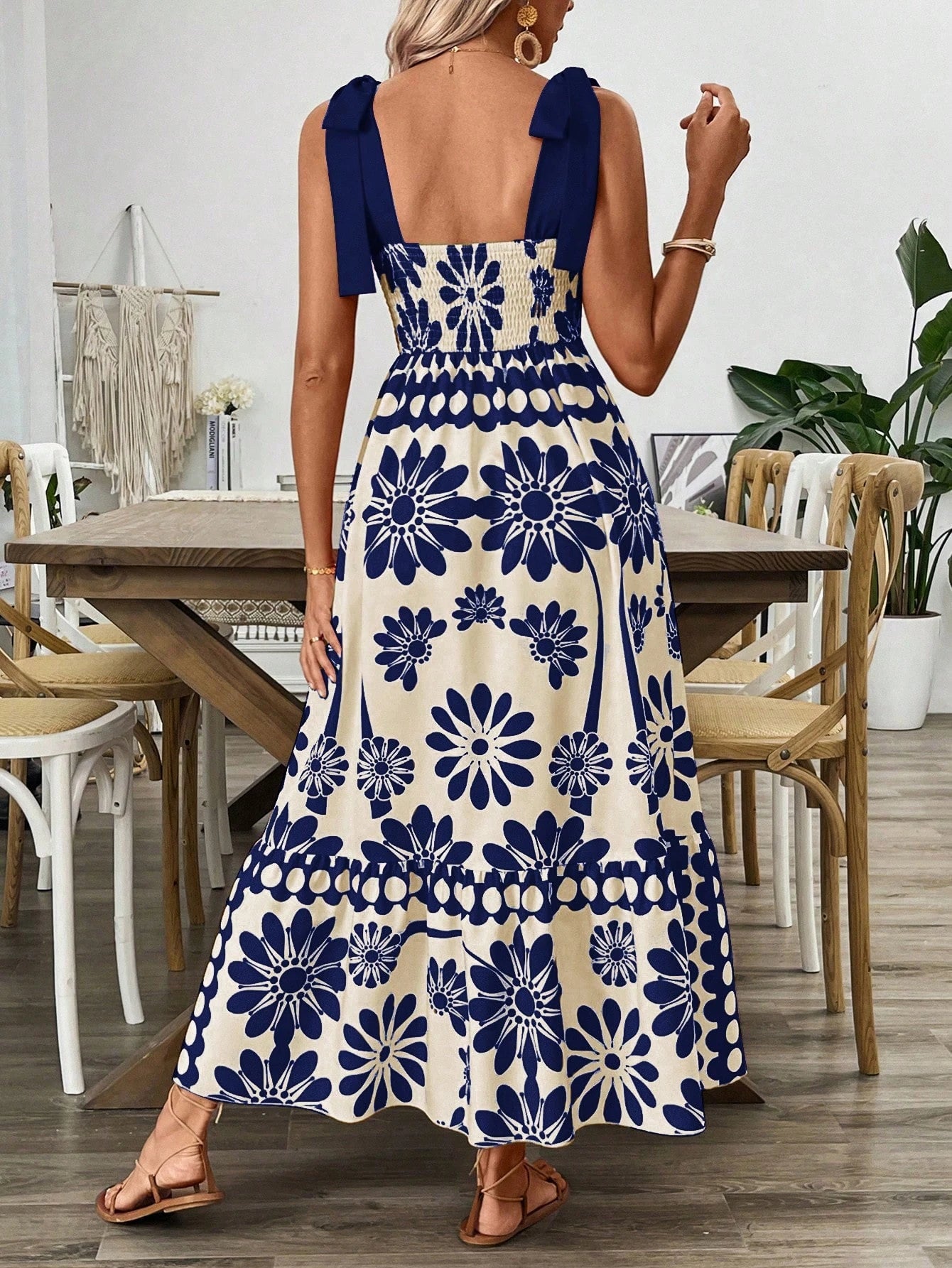 Breezaya Vestido Longo com Estampa Floral, Amarração no Ombro, Cintura com Alças, Vestido Casual de Férias, Roupas de Praia para Mulheres