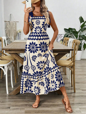 Breezaya Vestido Longo com Estampa Floral, Amarração no Ombro, Cintura com Alças, Vestido Casual de Férias, Roupas de Praia para Mulheres