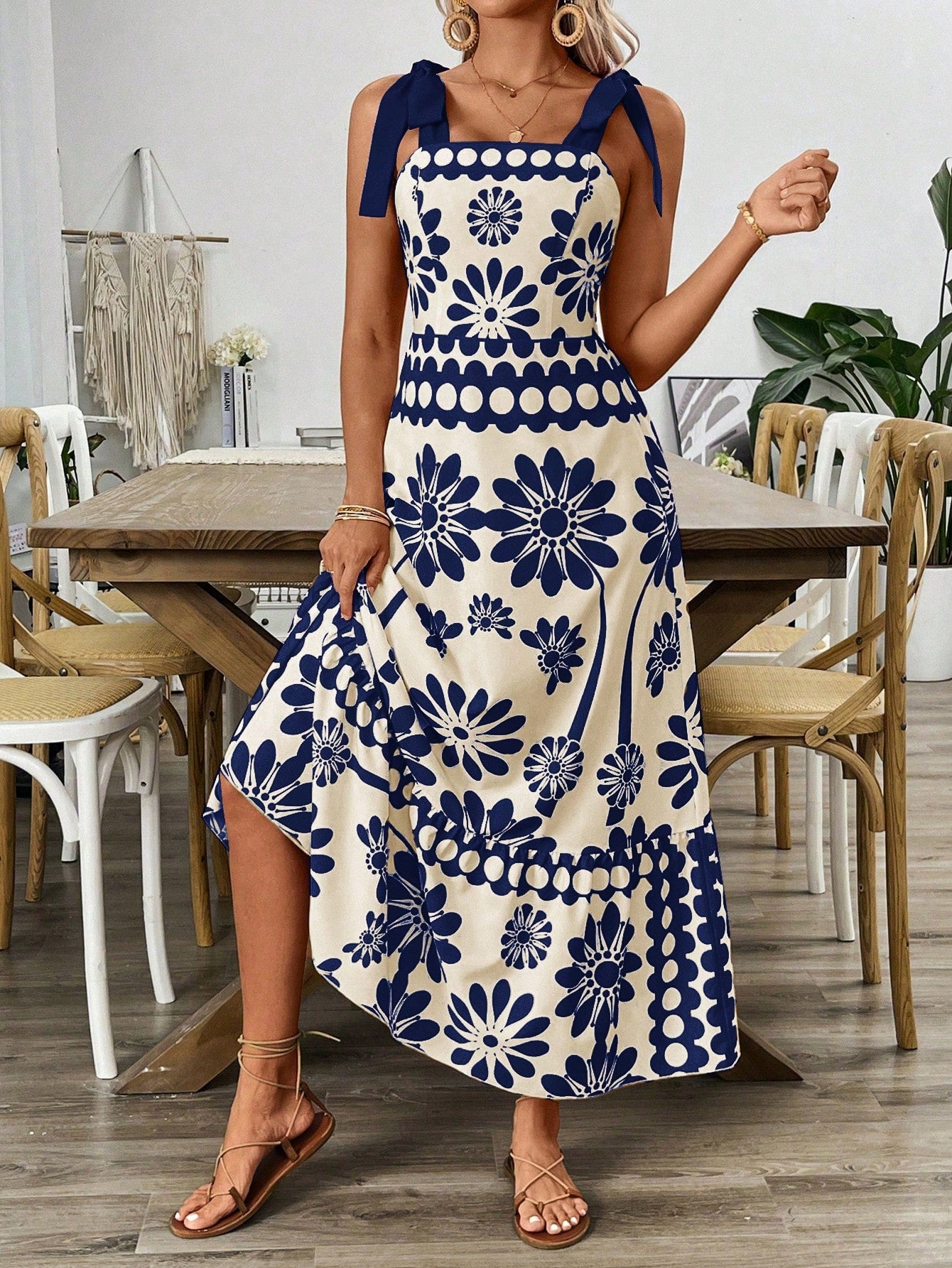 Breezaya Vestido Longo com Estampa Floral, Amarração no Ombro, Cintura com Alças, Vestido Casual de Férias, Roupas de Praia para Mulheres