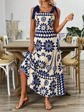 Breezaya Vestido Longo com Estampa Floral, Amarração no Ombro, Cintura com Alças, Vestido Casual de Férias, Roupas de Praia para Mulheres