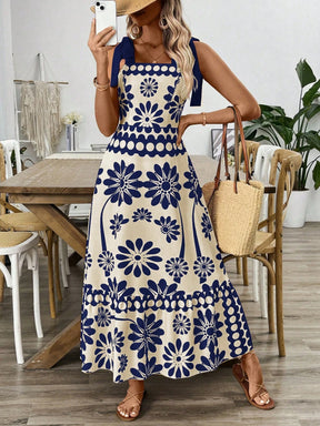 Breezaya Vestido Longo com Estampa Floral, Amarração no Ombro, Cintura com Alças, Vestido Casual de Férias, Roupas de Praia para Mulheres