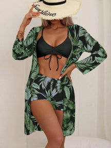 SHEIN Swim Conjunto de Maiô Bikini com alças finas e estampa contrastante de praia tropical de verão e quimono com estampa tropical